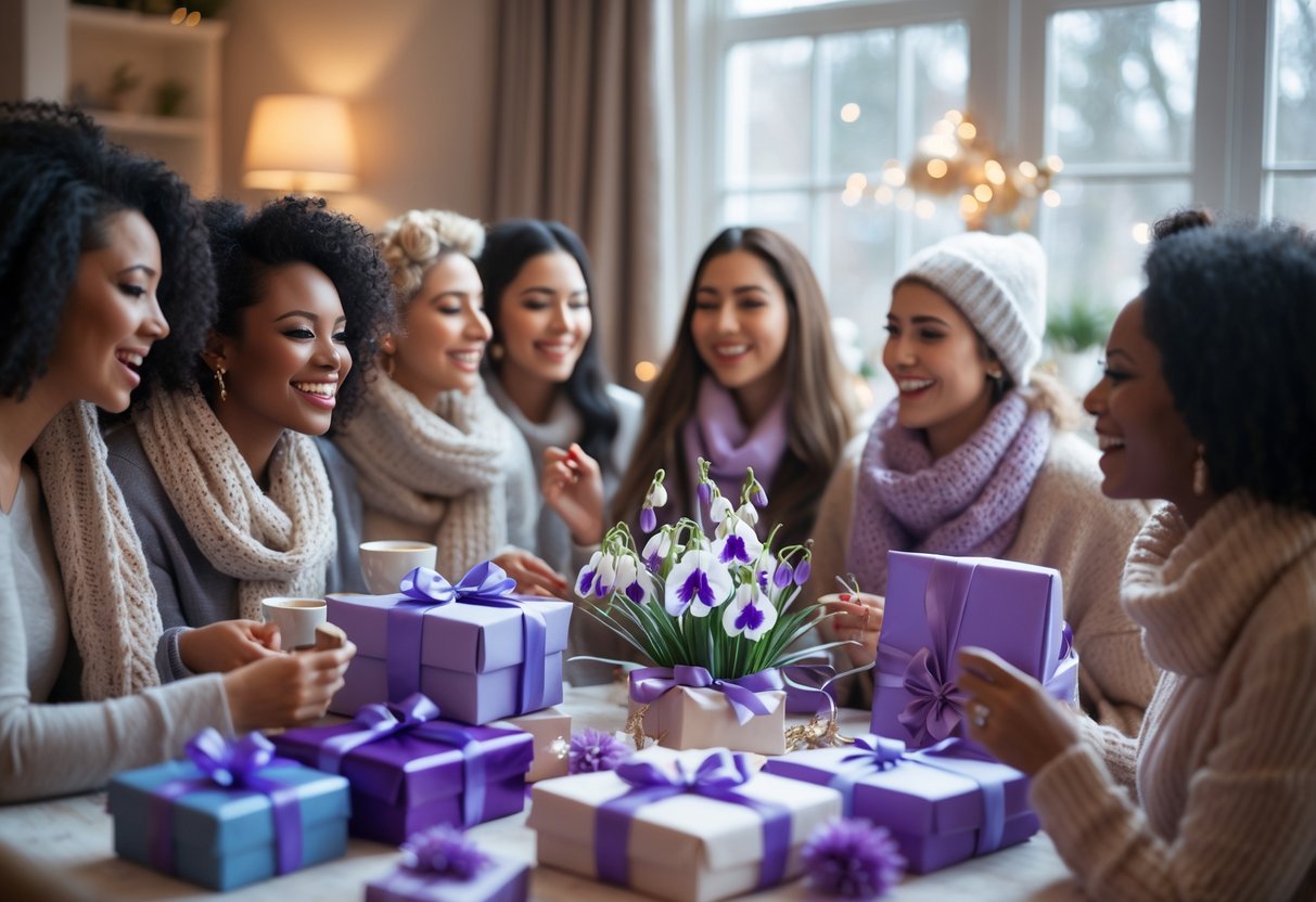 A group of women smiling and celebrating together around a table with birthday gifts and flowers indoors.