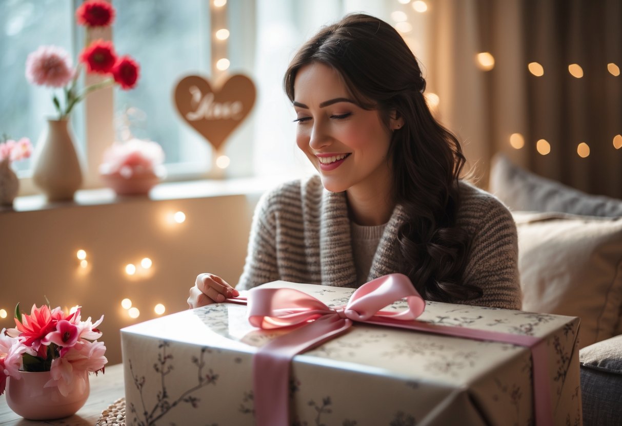 A woman happily receiving a personalized birthday gift in a cozy room with soft natural light and flowers.