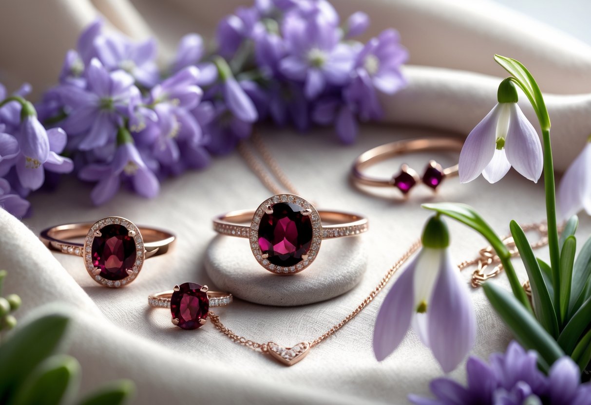 An arrangement of garnet jewelry surrounded by purple violets and snowdrops on a soft fabric background.