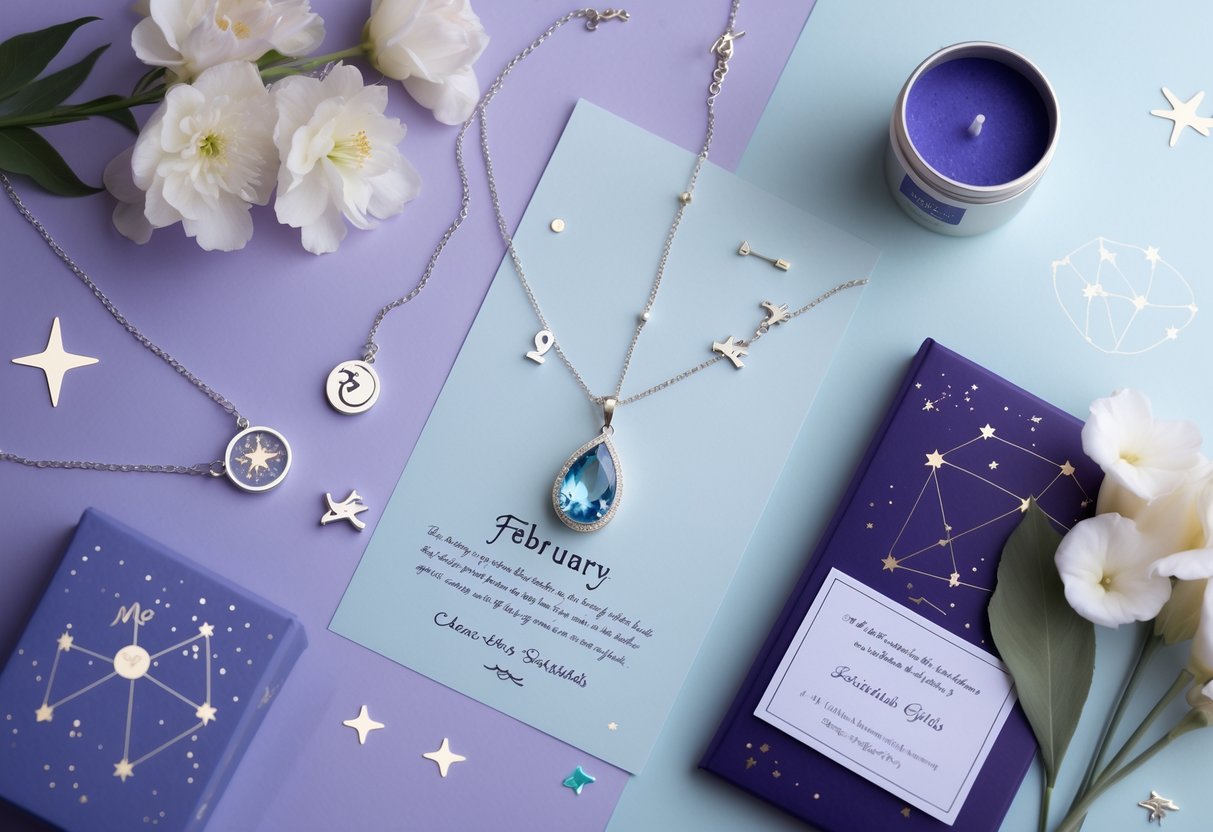 A flat lay of zodiac-themed gifts including an aquamarine necklace, silver bracelet, celestial candles, star chart print, and fresh flowers on a soft lavender and blue background.