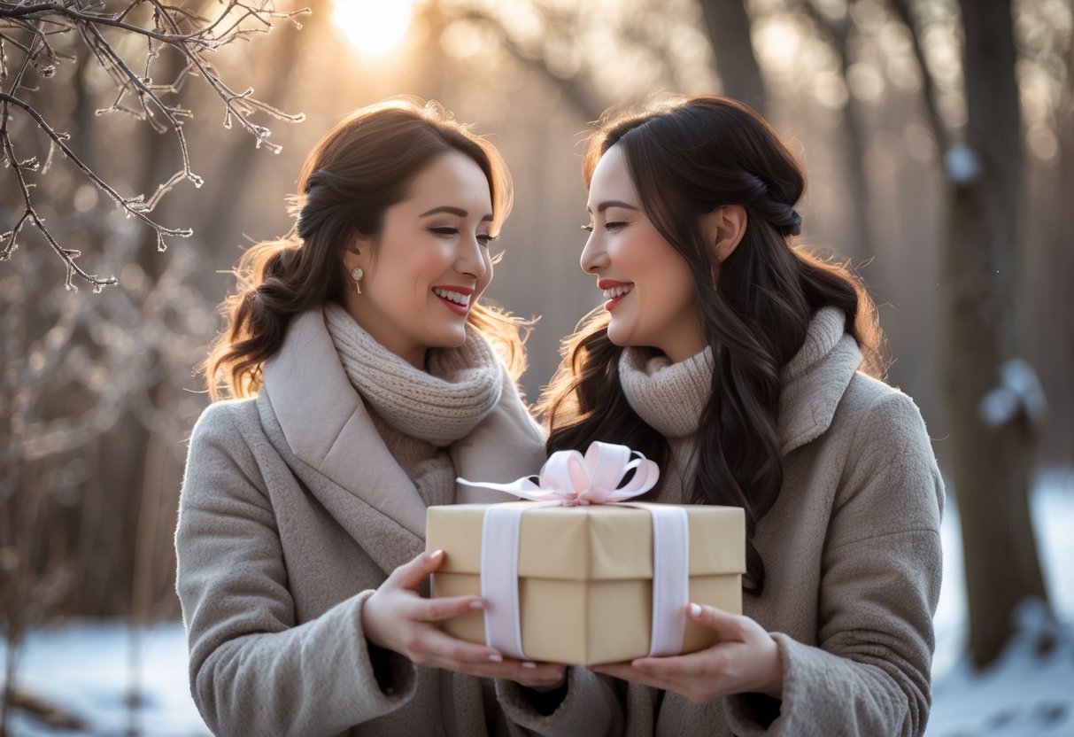 Two women outdoors in winter, one giving a gift box to the other, both smiling warmly and sharing a close moment.