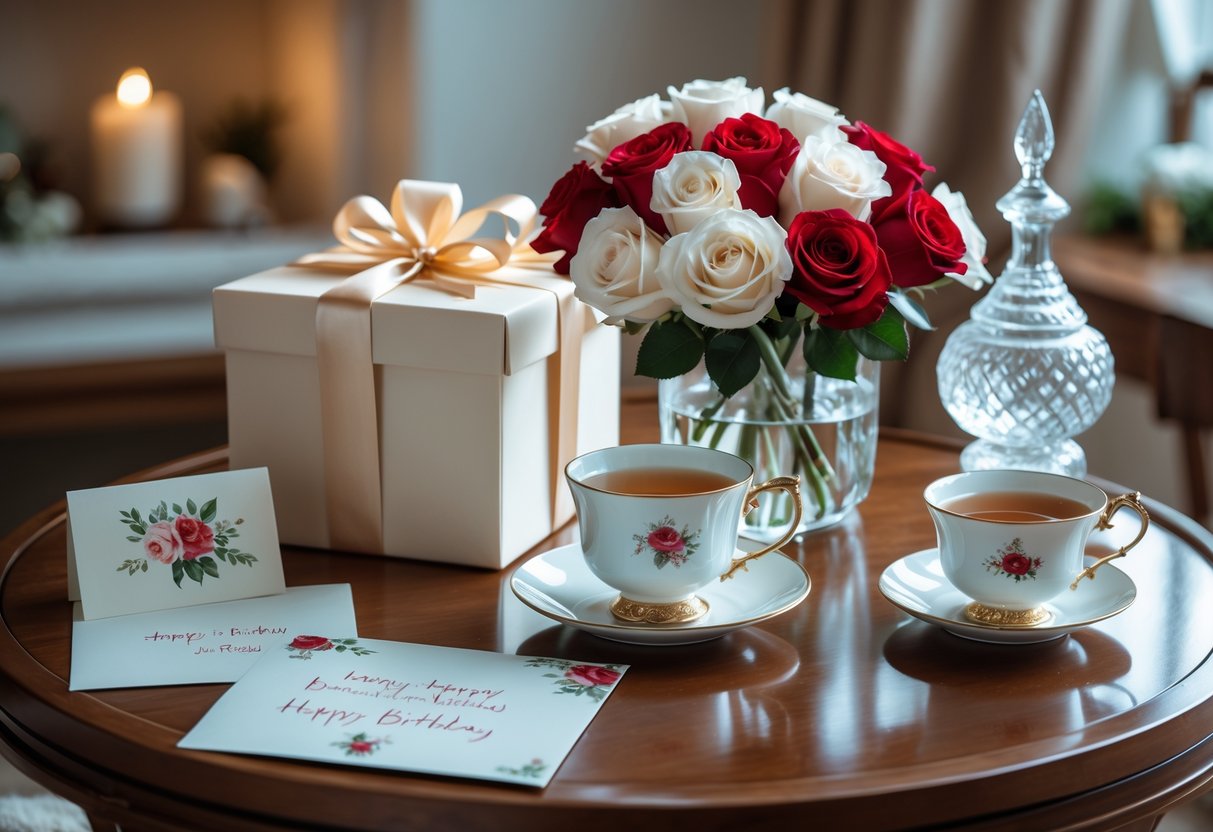 A beautifully arranged birthday gift scene with a wrapped gift box, red and white roses, a crystal vase, a porcelain teacup with tea, and a handwritten card on a wooden table.