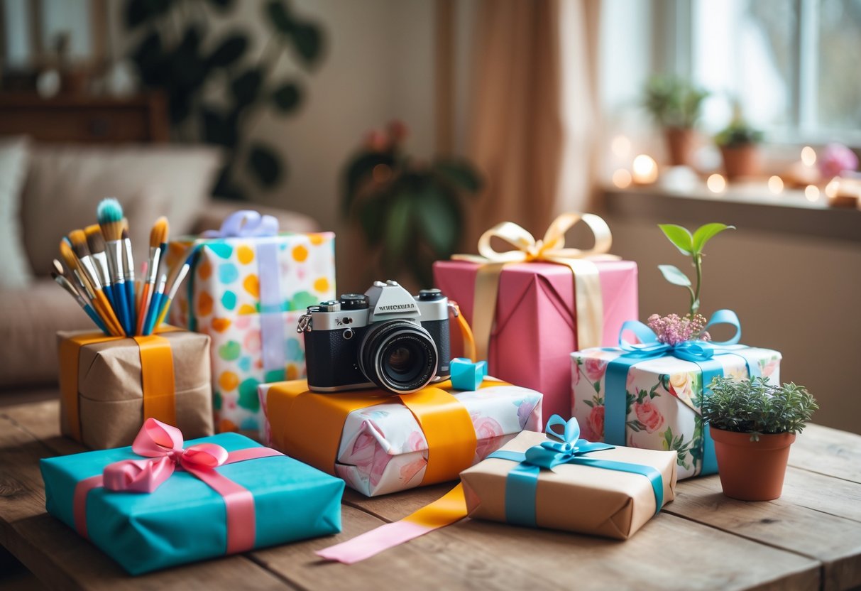 A table with various wrapped birthday gifts including art supplies, a camera, a book, and a potted plant, set in a cozy room with natural light.