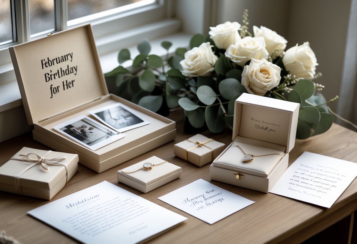 A wooden table with sentimental gifts including a photo album, jewelry box with necklace, a bouquet of white roses and eucalyptus, and a handwritten letter, softly lit by natural light.