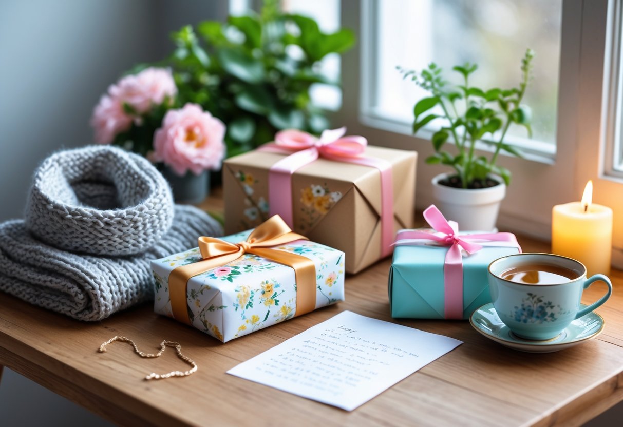 A wooden table near a window displaying a cozy scarf, a floral journal, a potted plant, a wrapped gift box, and a mug of tea with flowers and a candle nearby.