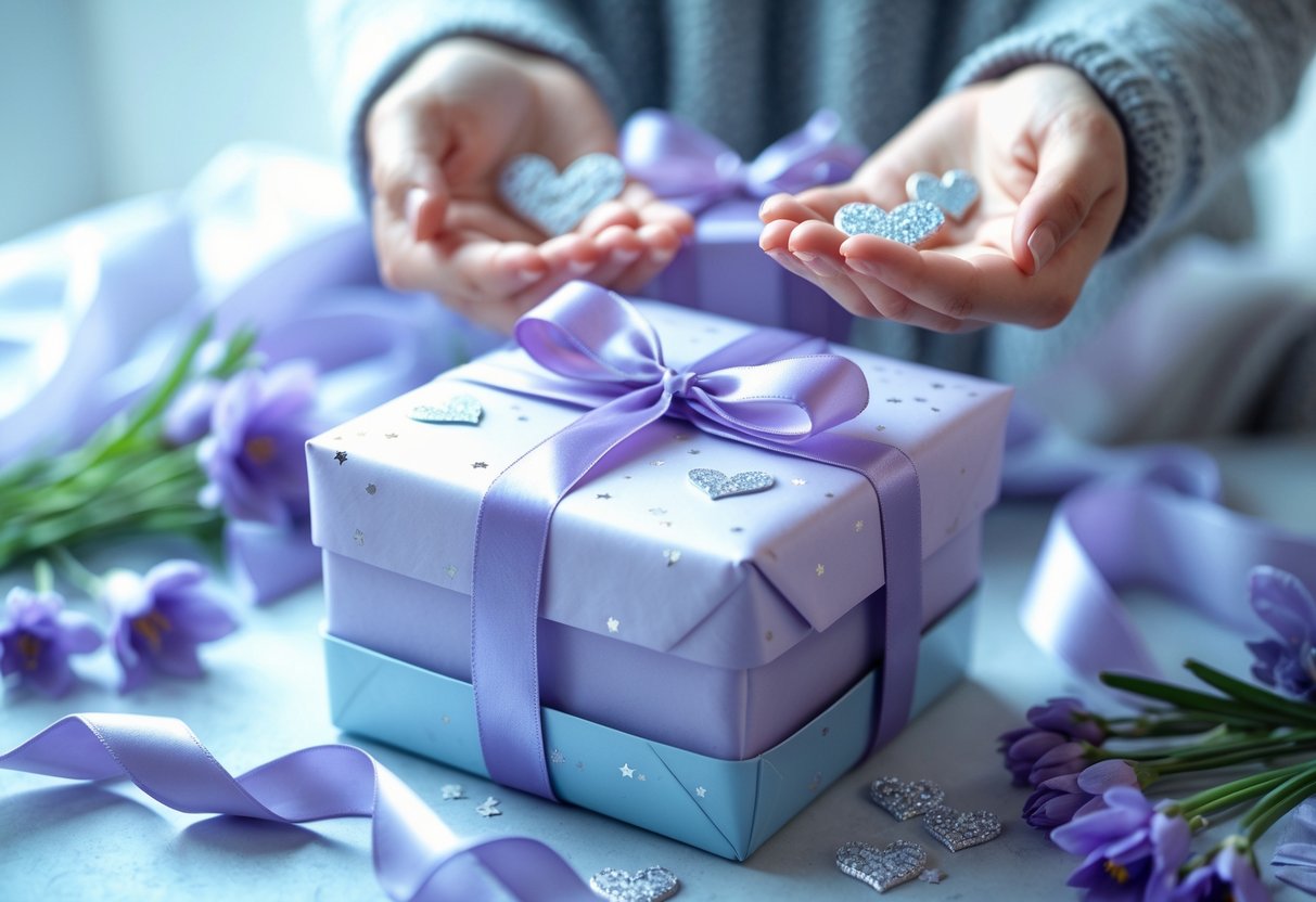 A pair of hands exchanging a beautifully wrapped gift box surrounded by delicate flowers and soft lighting.
