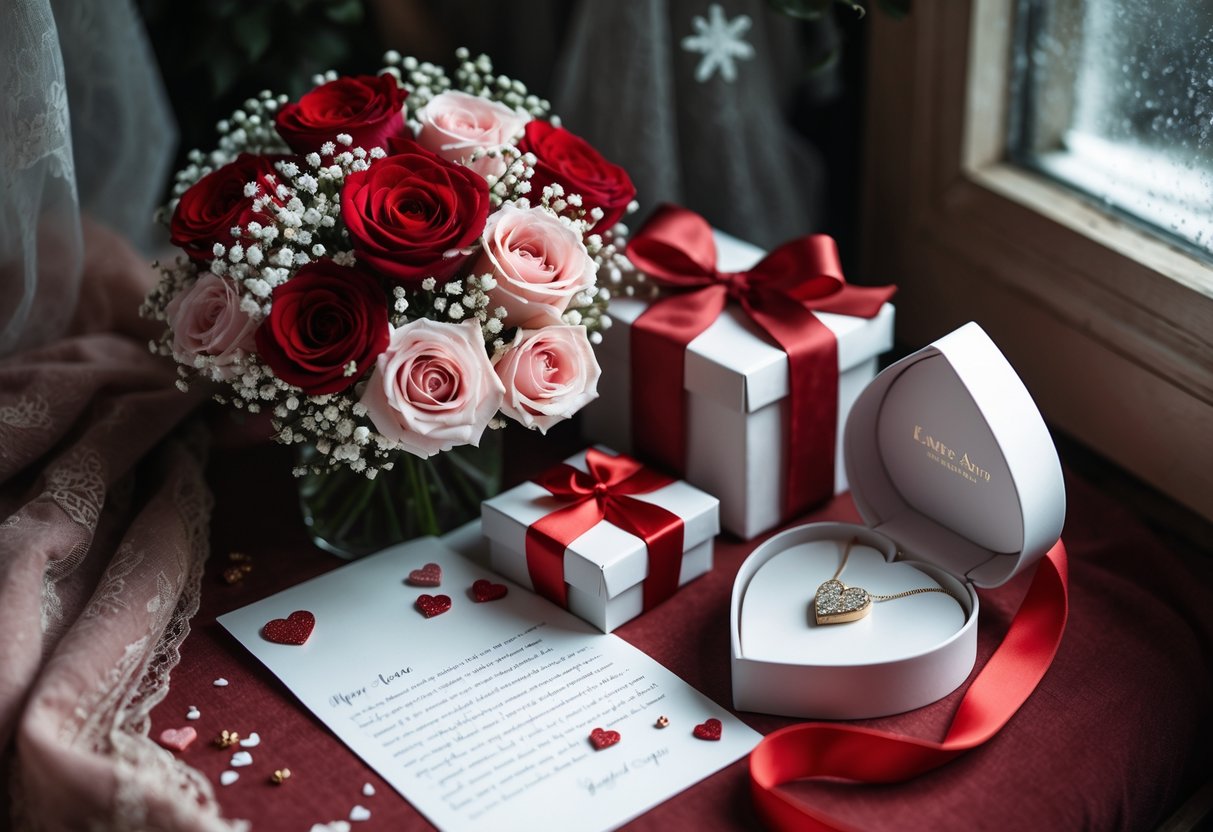 A romantic arrangement of a bouquet of roses, a wrapped gift box, a handwritten letter, and a heart-shaped jewelry box with a necklace in a cozy indoor setting.