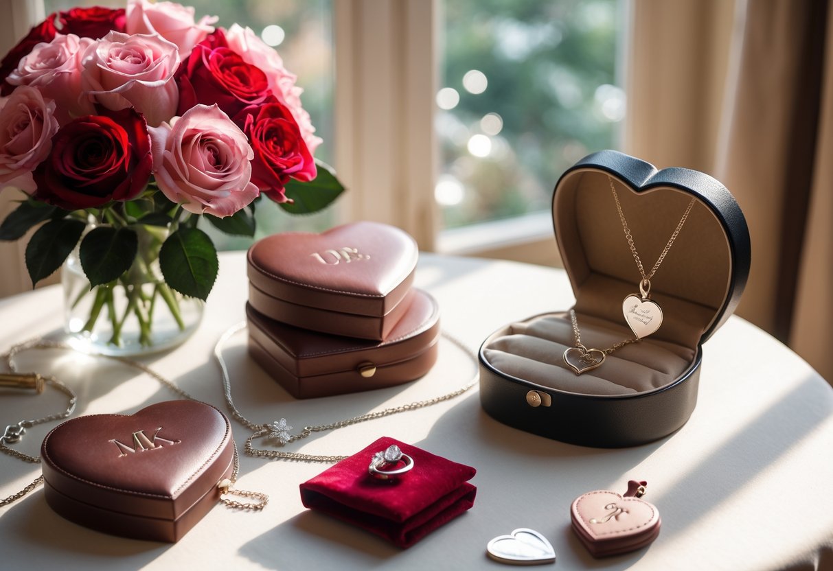 A table displaying romantic personalized gifts including roses, heart-shaped jewelry boxes with necklaces and rings, a leather photo album, and a silver locket in a velvet pouch.