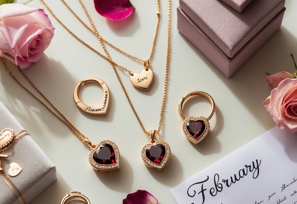 A flat lay of personalized jewelry including engraved name necklaces, heart-shaped lockets, and garnet birthstone rings on a light surface with rose petals and a small jewelry box.