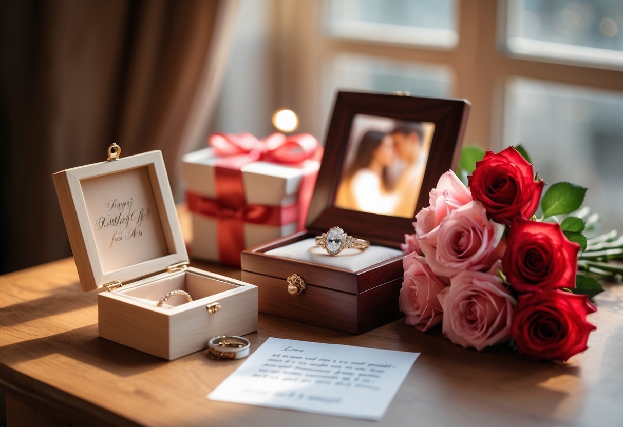 A cozy scene with personalized keepsakes including an engraved jewelry box, photo frame, roses, and a handwritten letter arranged on a wooden table.
