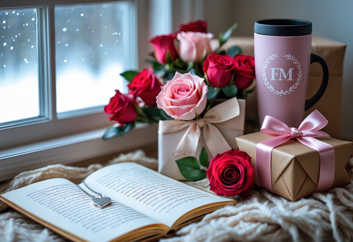 A cozy scene displaying personalized gifts including a heart pendant necklace, a leather journal, a monogrammed travel mug, and a bouquet of red and pink roses on a table.