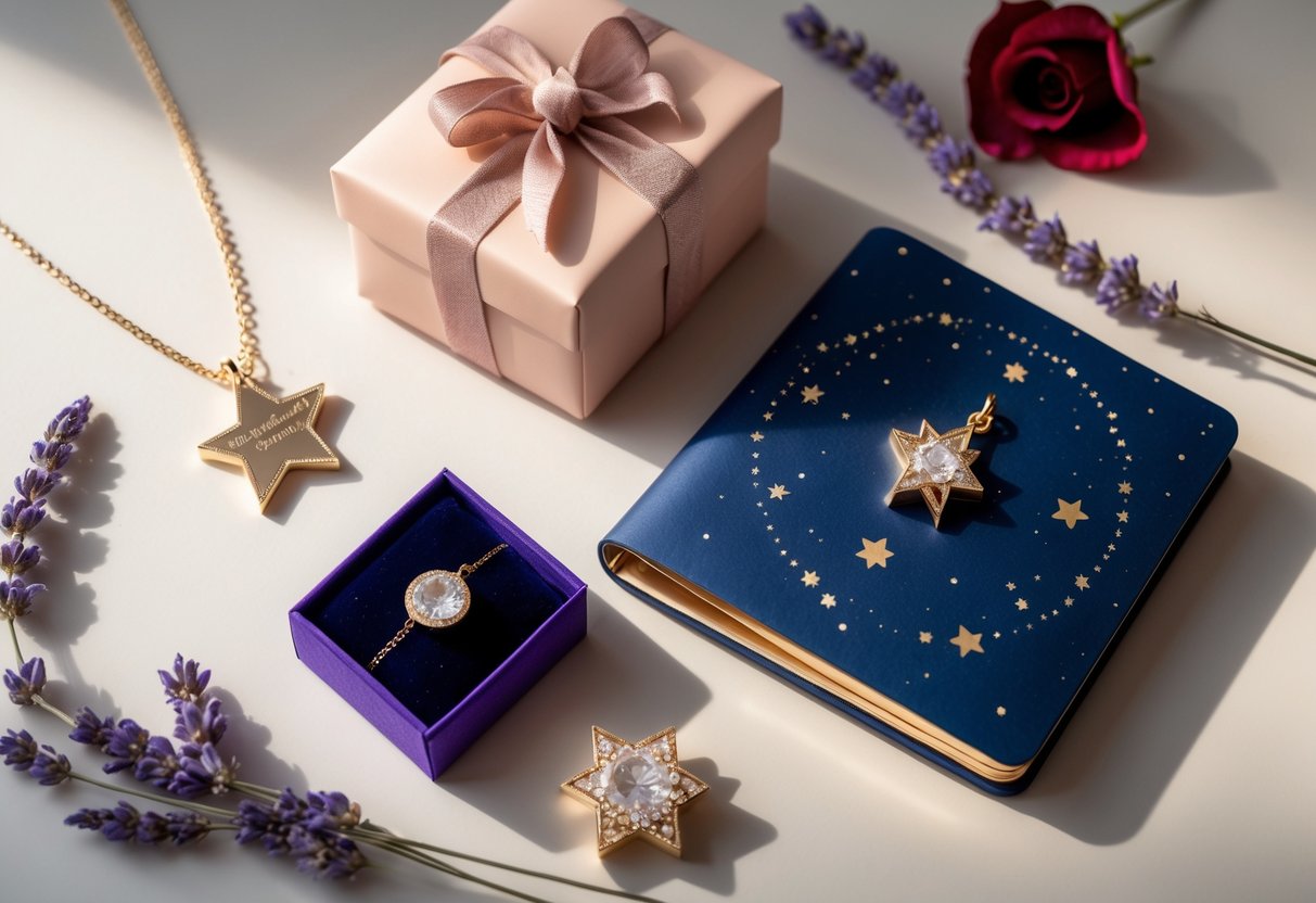 A flat lay of personalized star and celestial themed birthday gifts including a star-shaped necklace, a moon and star journal, and a small velvet gift box, arranged with dried lavender and rose petals.