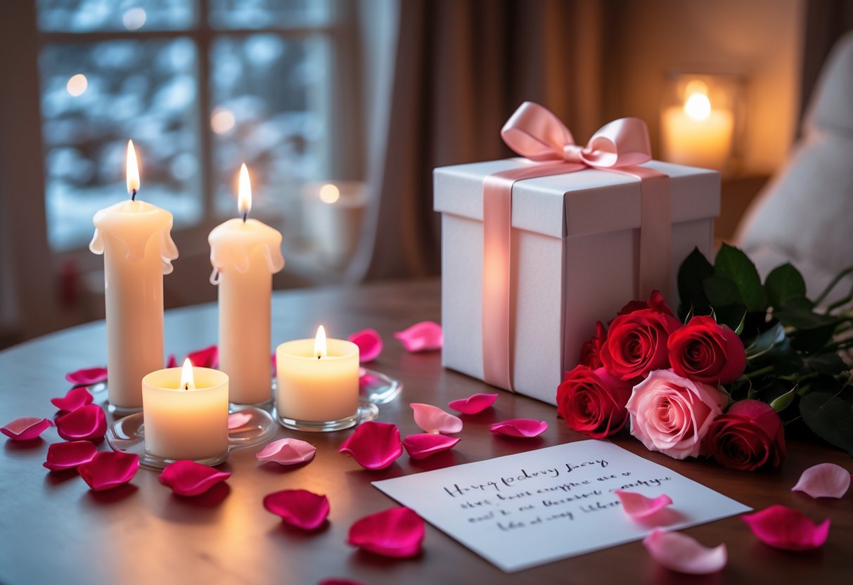 A romantic gift setup with candles, rose petals, a personalized gift box, a love note, and a bouquet of roses on a softly lit table near a frosted window.