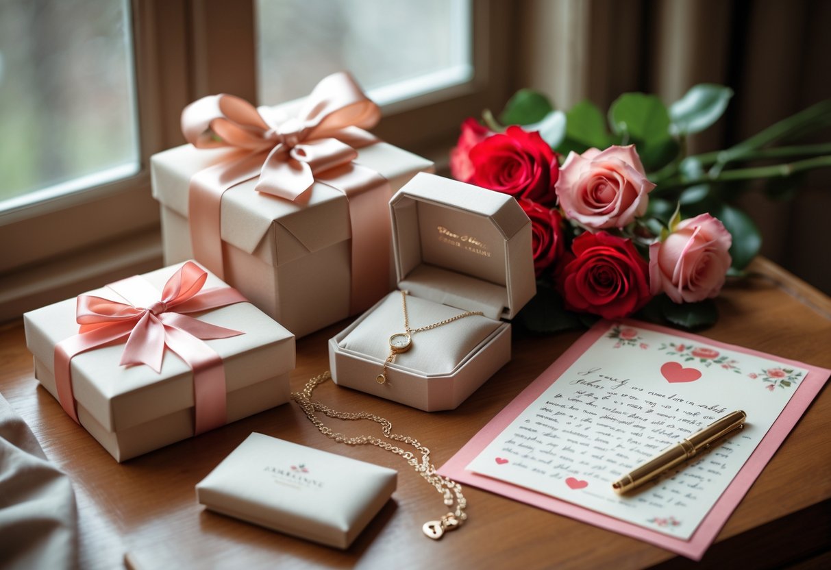 A table with personalized romantic gifts including a wrapped box, an engraved jewelry box with a necklace, a handwritten letter, and a bouquet of red and pink roses.