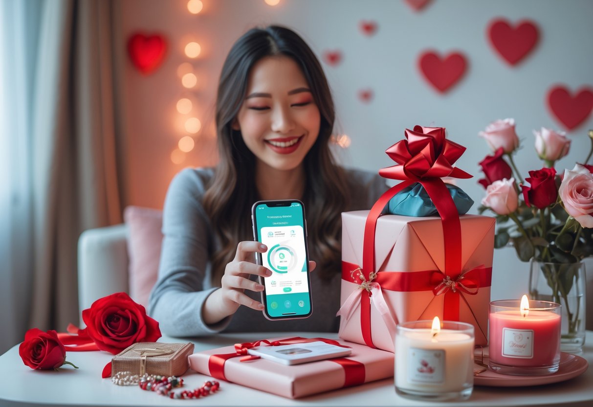 A woman happily holding a personalized gift box and a smartphone showing a gifting app, surrounded by romantic decorations and tech-enhanced gifts.