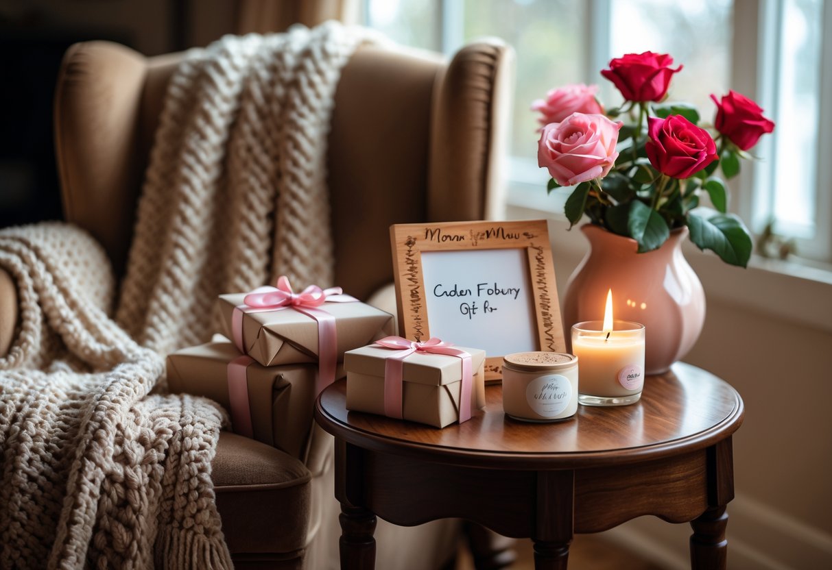 A cozy living room with personalized gifts on a wooden table, including a photo frame, jewelry box, and candle, next to a vase of red and pink roses.