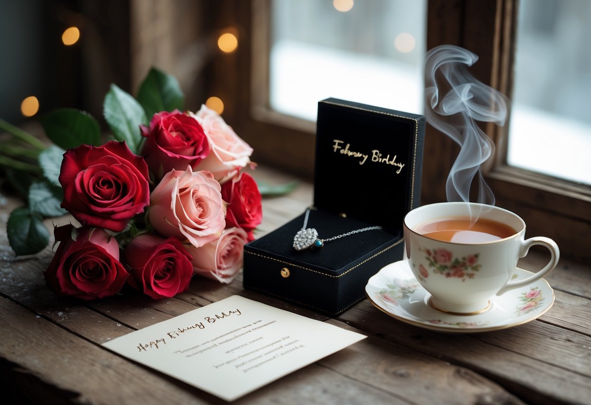 A cozy table with a bouquet of roses, an open jewelry box with a necklace, a handwritten card, and a steaming cup of tea near a window with light snow outside.