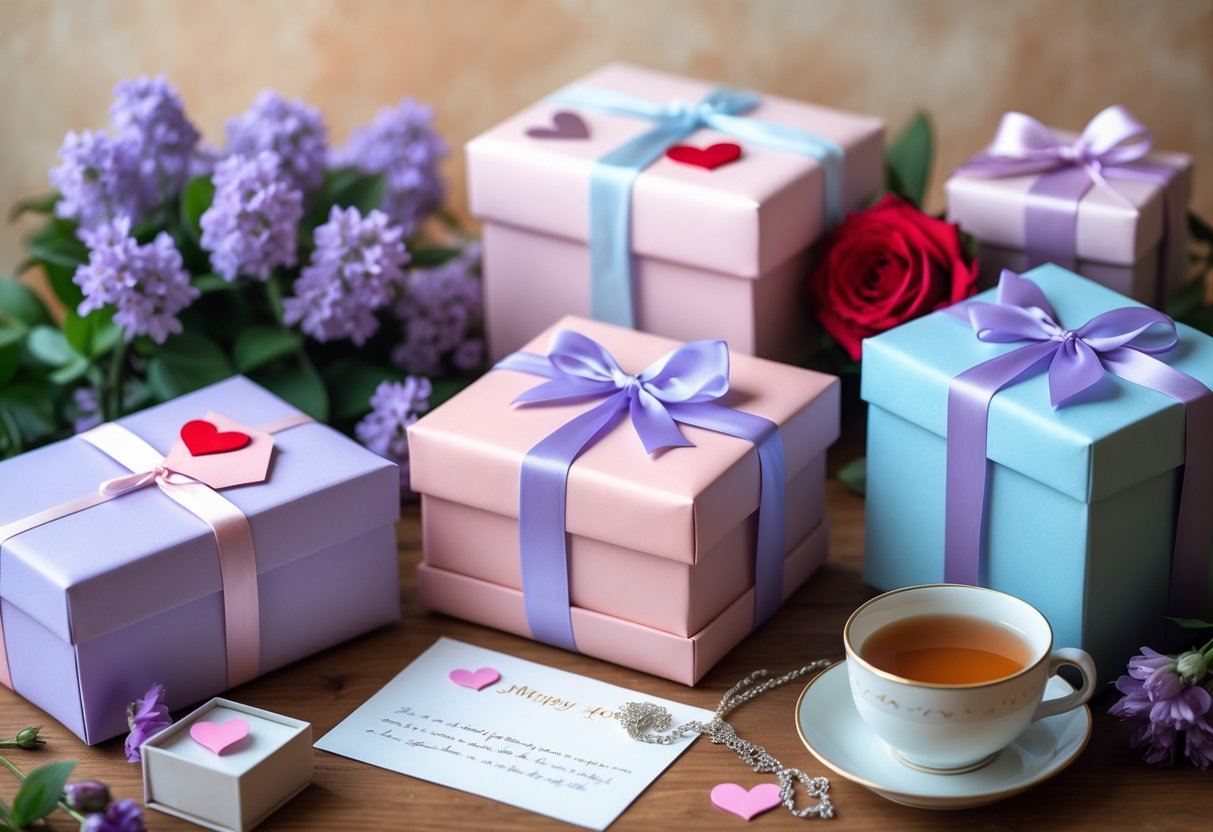 A cozy scene with wrapped gift boxes, fresh flowers, a jewelry box with a necklace, and a handwritten note arranged on a wooden table.