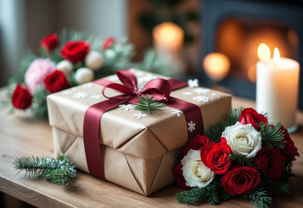 A wrapped birthday gift with a red ribbon and winter decorations on a wooden table, surrounded by red and white flowers, with a cozy indoor background featuring a fireplace and candlelight.