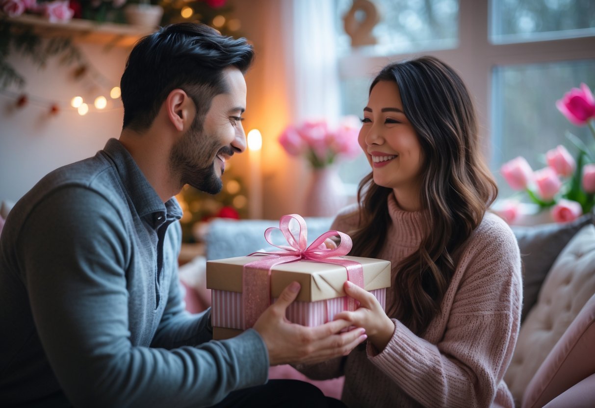 A man giving a wrapped gift to a smiling woman in a cozy indoor setting with soft natural light and flowers.