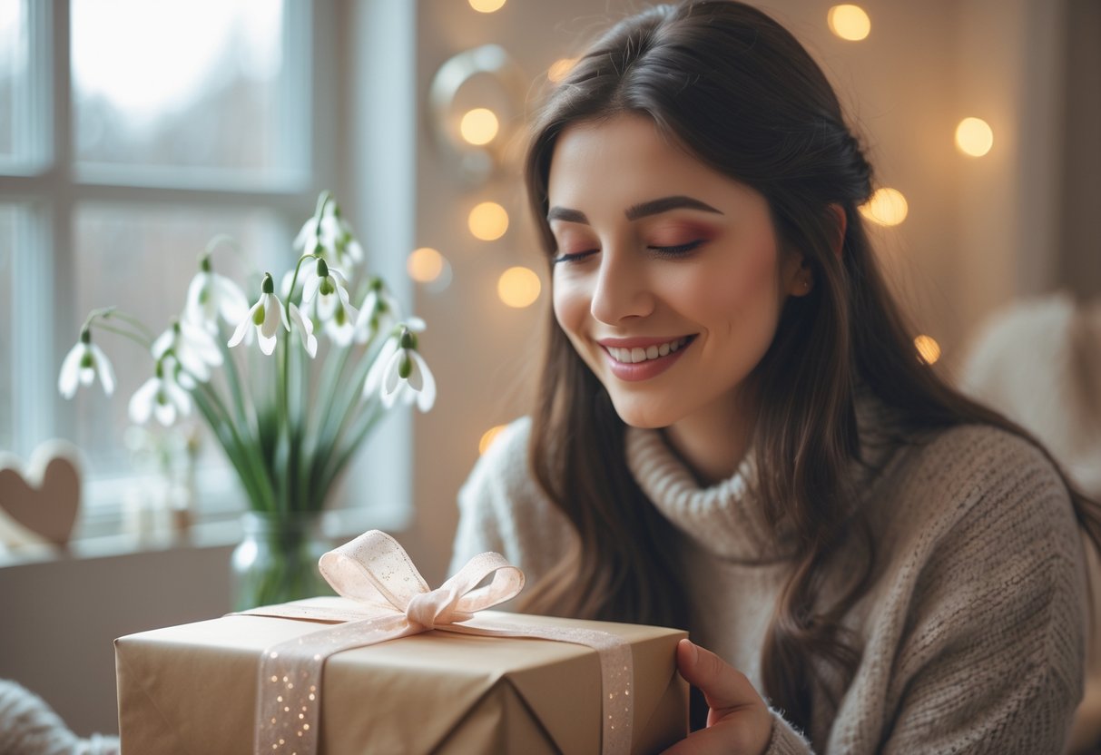 A young woman smiling while receiving a wrapped birthday gift in a cozy room with winter flowers and soft natural light.
