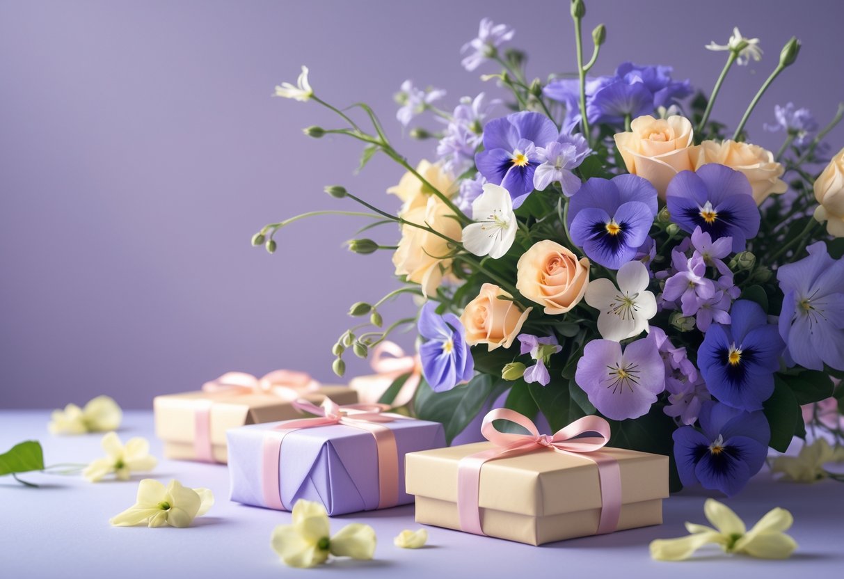 A bouquet of violet and primrose flowers next to wrapped gift boxes on a pastel background.