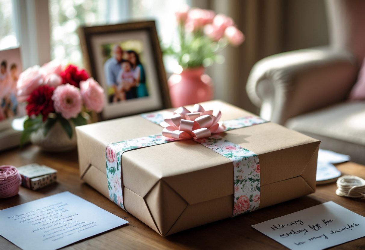 A wrapped personalized photo gift on a wooden table surrounded by flowers, a framed photo collage, and a birthday card in a cozy home setting.