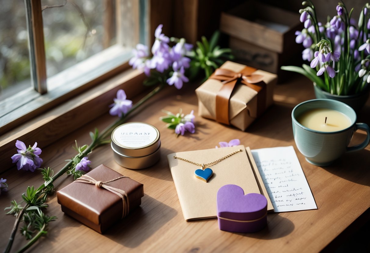 A wooden table displaying handcrafted February birthday gifts for her, including a handmade necklace, scented candles, a personalized journal, fresh flowers, and a cup of tea.