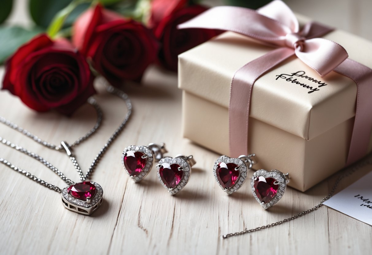 An arrangement of jewelry including a heart-shaped pendant necklace, red gemstone earrings, a wrapped gift box, red roses, and a handwritten note on a light wooden surface.
