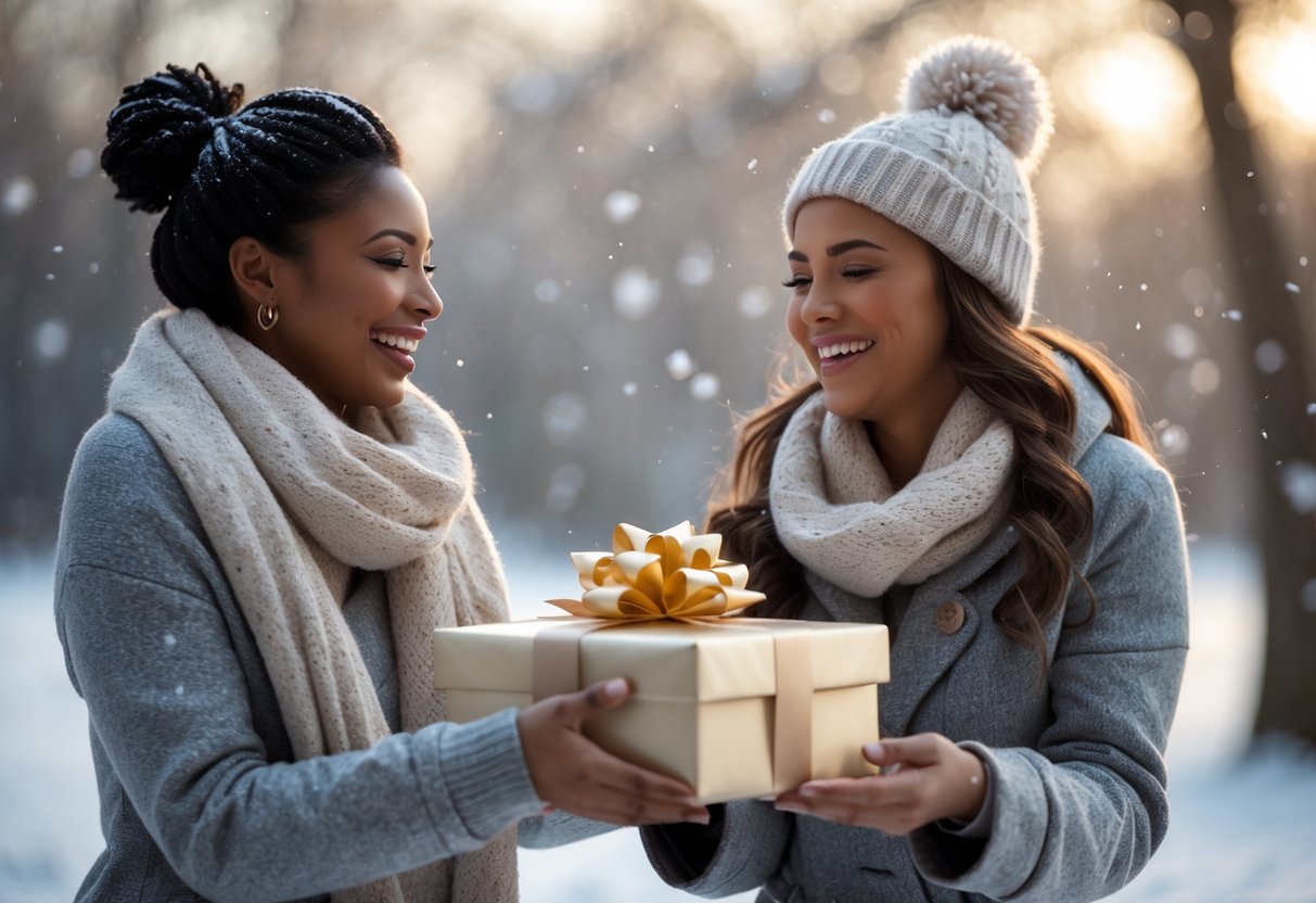 Two women outdoors in winter exchanging a gift, smiling warmly at each other with snow falling gently around them.