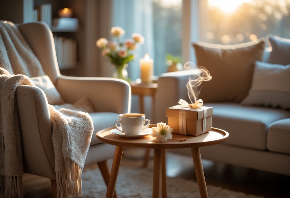 A cozy living room with a comfortable armchair, a wrapped gift on a side table, a cup of tea, and fresh flowers creating a warm and inviting atmosphere.