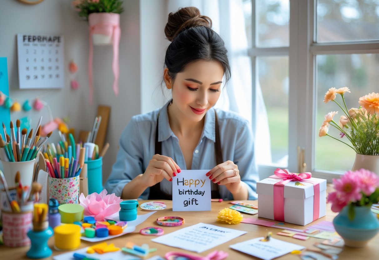 A woman crafting a personalized birthday gift at a table filled with art supplies and handmade items in a bright, cozy room.