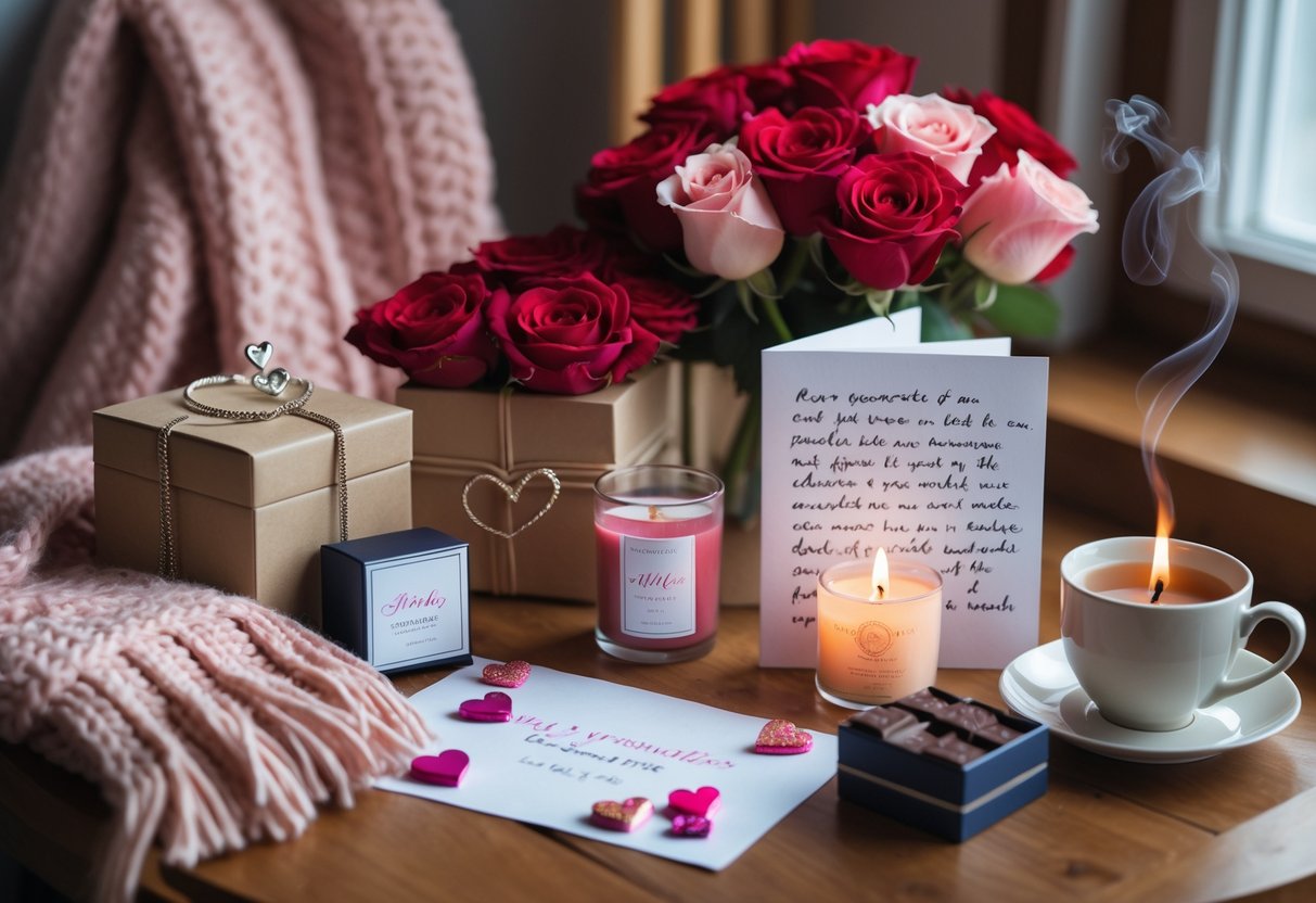 A cozy scene with elegant jewelry, roses, a handwritten card, a scented candle, chocolates, a knitted scarf, and a cup of tea arranged on a wooden table.