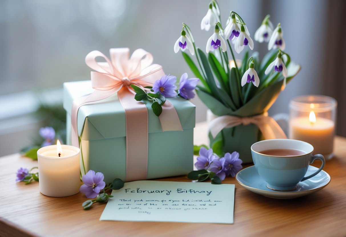 A wrapped gift box with flowers, a handwritten note, a candle, and a cup of tea on a wooden table in a cozy indoor setting.