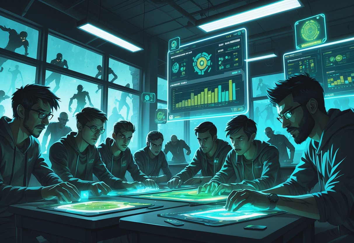 Sekelompok pemain sedang menganalisis data dan strategi di dalam kelas futuristik yang dikelilingi oleh zombie.