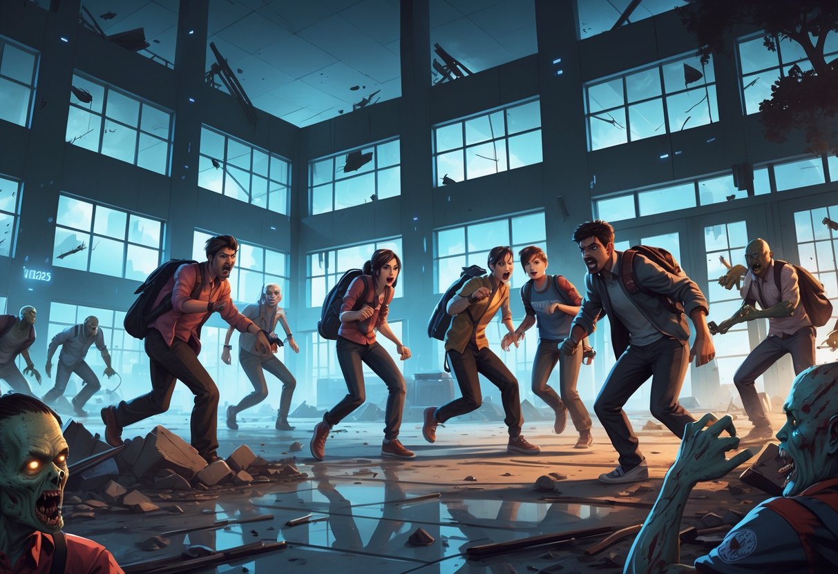 Sekelompok siswa berusaha bertahan di sekolah futuristik yang dipenuhi zombie dengan suasana tegang dan penuh strategi.