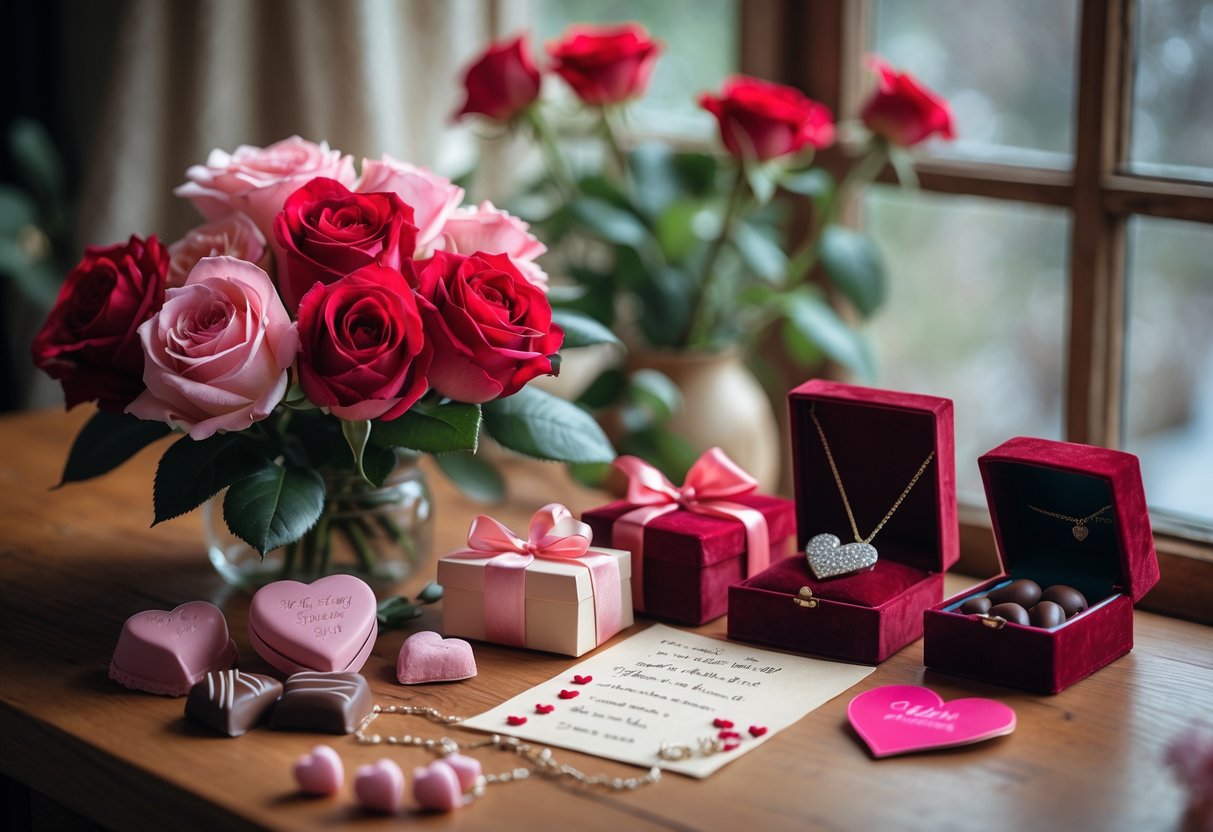 A table with roses, heart-shaped chocolates, a velvet jewelry box with a necklace, and a handwritten love note arranged together.