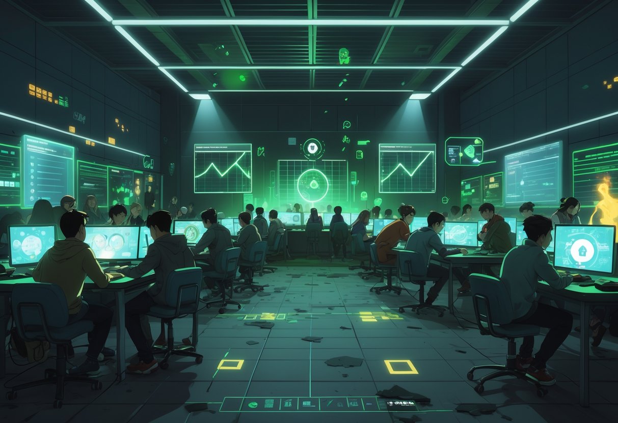 Sekelompok siswa di kelas futuristik sedang bermain game dengan perangkat canggih, dikelilingi oleh grafik data dan statistik yang melayang, dengan latar belakang bertema sekolah dan zombie.