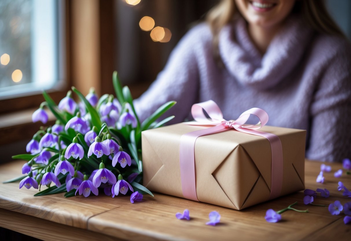 A wrapped birthday gift with a pink ribbon on a wooden table surrounded by purple violets and snowdrops, with a smiling woman blurred in the background.