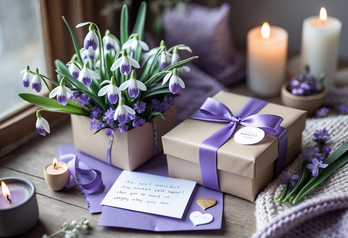 A cozy scene with a wrapped birthday gift, purple and white flowers, a handwritten note, and a heart-shaped ornament on a soft surface near a window.