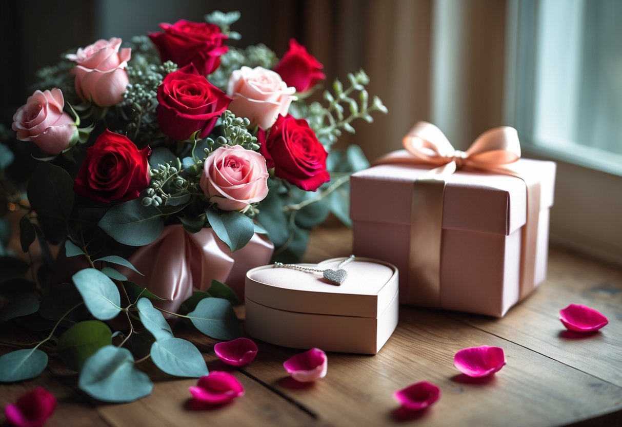 A romantic gift setup with red and pink roses, a wrapped present, rose petals, and a heart-shaped jewelry box with a necklace on a wooden table.