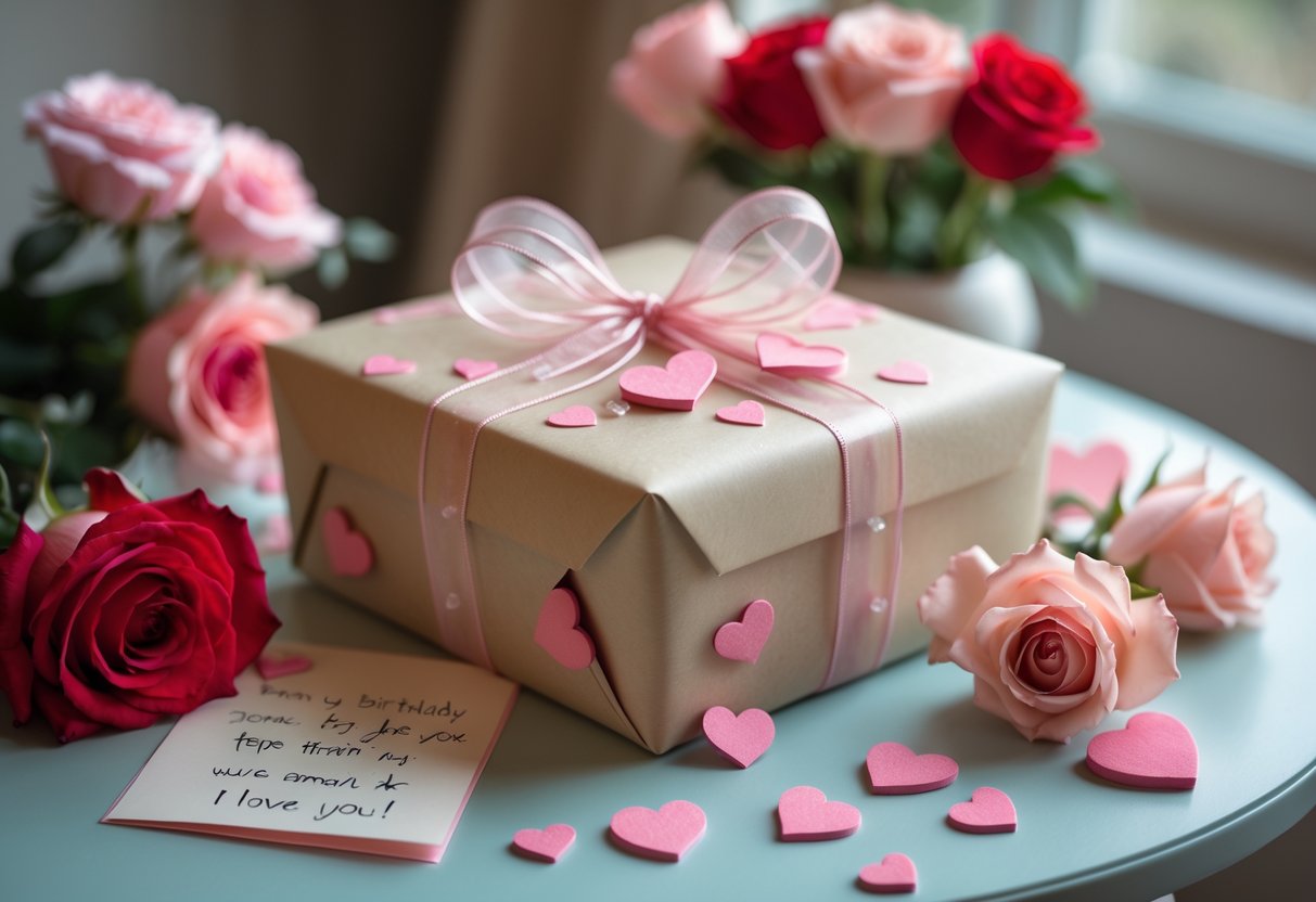 A wrapped birthday gift with heart decorations on a pastel table surrounded by roses and a handwritten note.