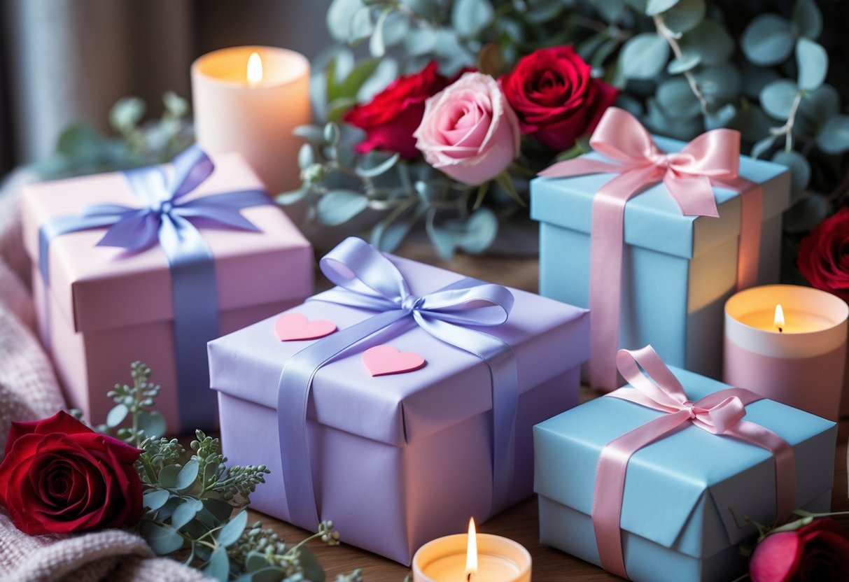 A collection of beautifully wrapped pastel-colored gift boxes surrounded by red and pink roses and winter greenery on a softly lit surface.