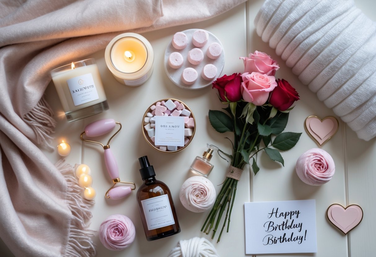 Flat lay of luxurious self-care gifts including candles, bath bombs, rose quartz rollers, perfume, flowers, and a birthday card on a wooden surface.