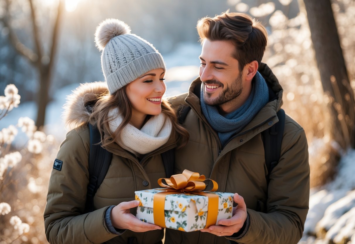 A couple outdoors on a winter hike, the man giving a wrapped gift to the woman as they smile warmly at each other among snow-dusted trees.