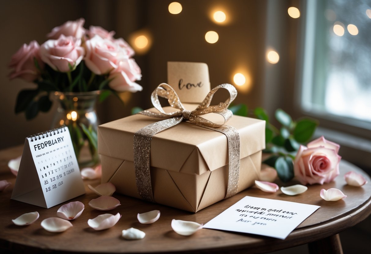 A personalized gift box with rose petals, a handwritten card, and a bouquet of flowers on a wooden table in a cozy indoor setting.