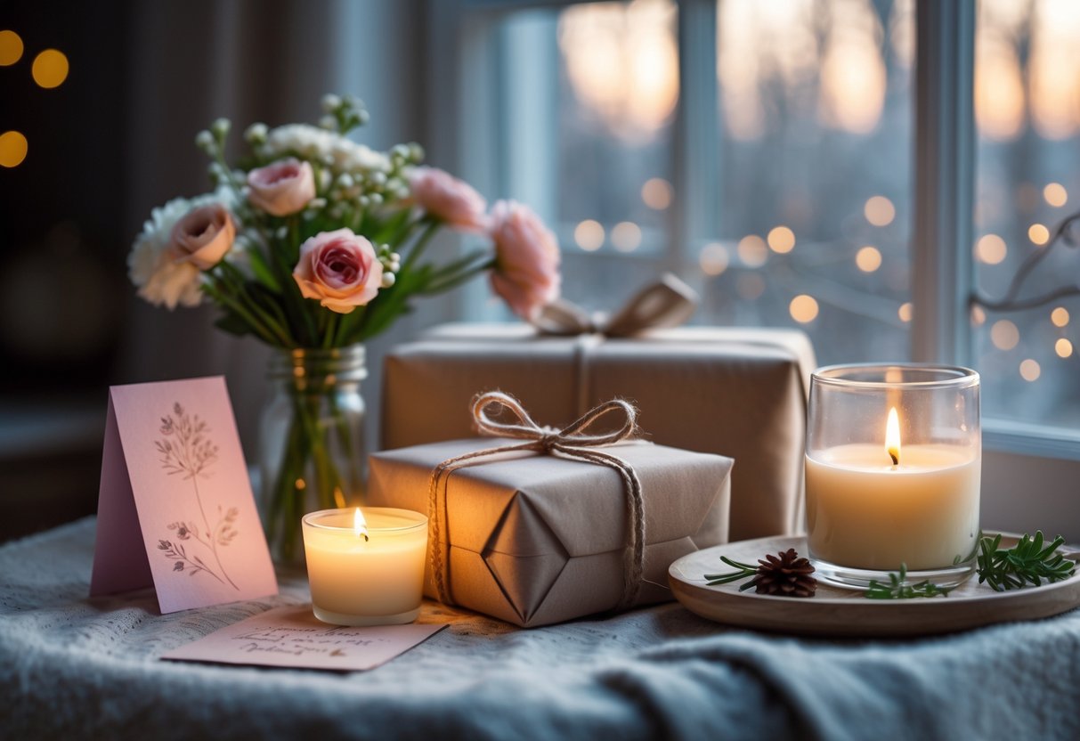 A cozy table with a bouquet of flowers, a handmade card, a wrapped gift, and a lit candle near a window with soft winter light.