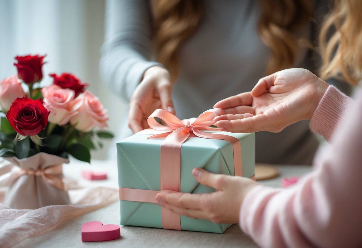 A woman’s hands presenting a beautifully wrapped gift with roses nearby, being received by another person in a cozy setting.