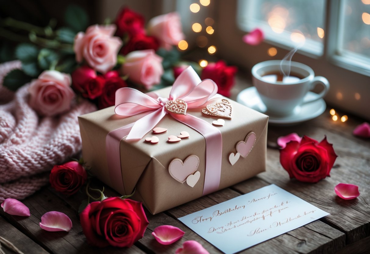 A wrapped birthday gift with pink ribbon and heart decorations on a wooden table surrounded by red and pink roses, with a handwritten note and a cup of tea nearby.