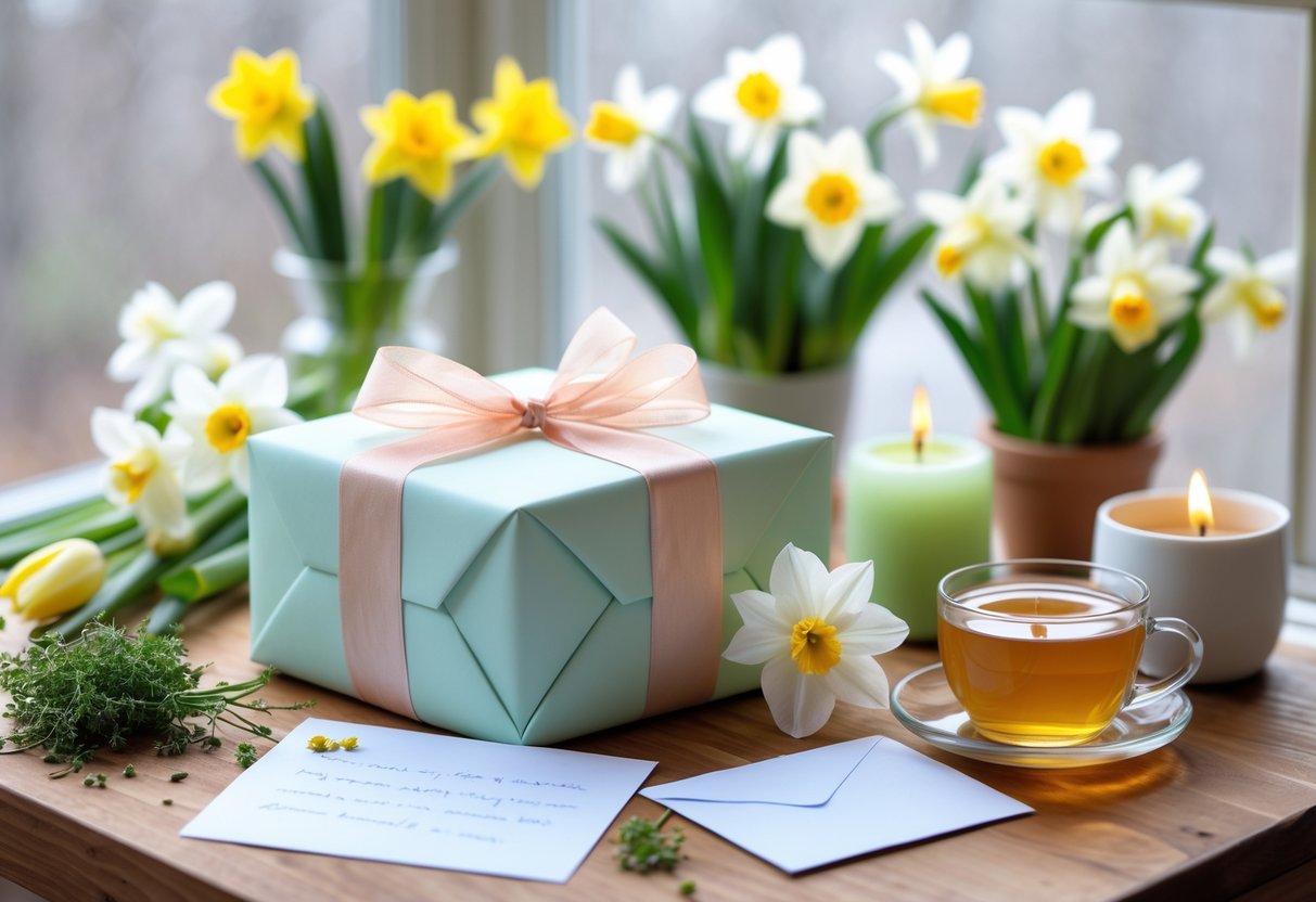 A wooden table with a pastel-colored gift box, spring flowers, a small green plant, a candle, a cup of tea, and a handwritten note, all arranged to celebrate a March birthday and new beginnings.